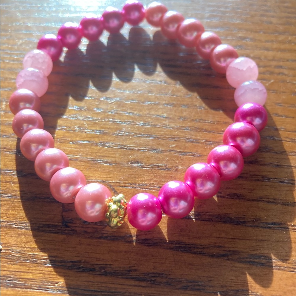 Bracelet ROSE QUARTZ Pink Pearls Gold Stretch Bangle Barbie